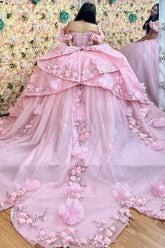Off-Shoulder Ball Gown with 3D Floral Appliques Pink Tulle Quinceanera Dress for Princess-Themed Sweet 16 & Birthday Parties